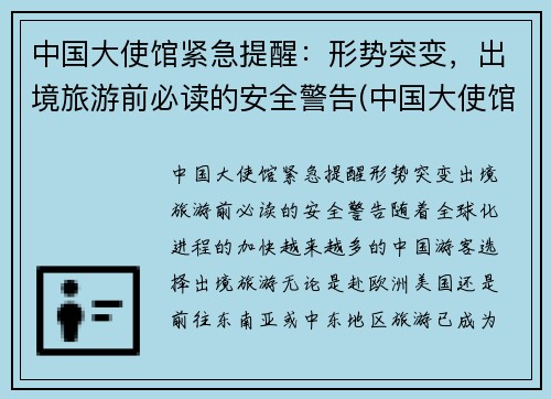 中国大使馆紧急提醒：形势突变，出境旅游前必读的安全警告(中国大使馆入境政策)