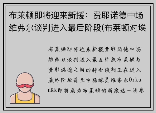 布莱顿即将迎来新援：费耶诺德中场维弗尔谈判进入最后阶段(布莱顿对埃弗顿历史比分)