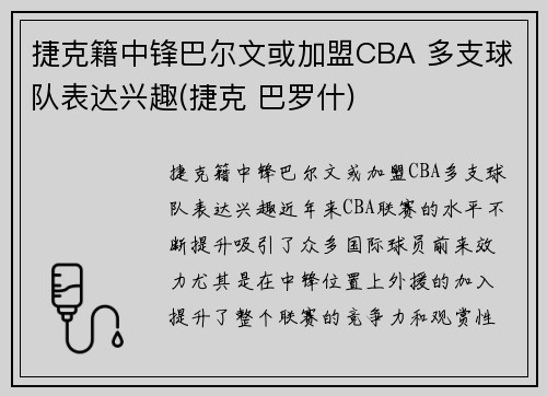 捷克籍中锋巴尔文或加盟CBA 多支球队表达兴趣(捷克 巴罗什)